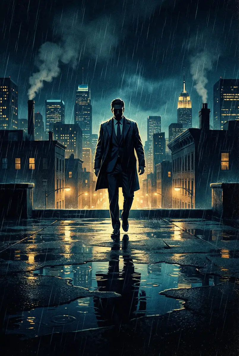 小爸爸电视剧下载 出品影片《雨夜独行者》海报，雨中城市屋顶男性剪影